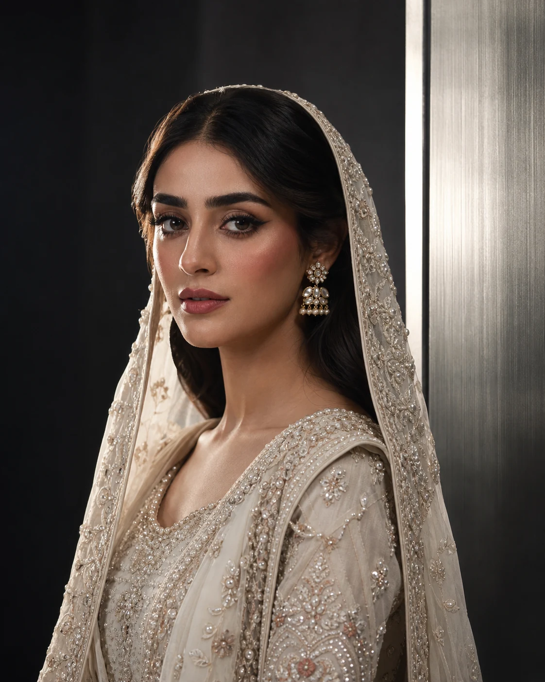 Pakistani bride in contemporary ivory couture with refined makeup