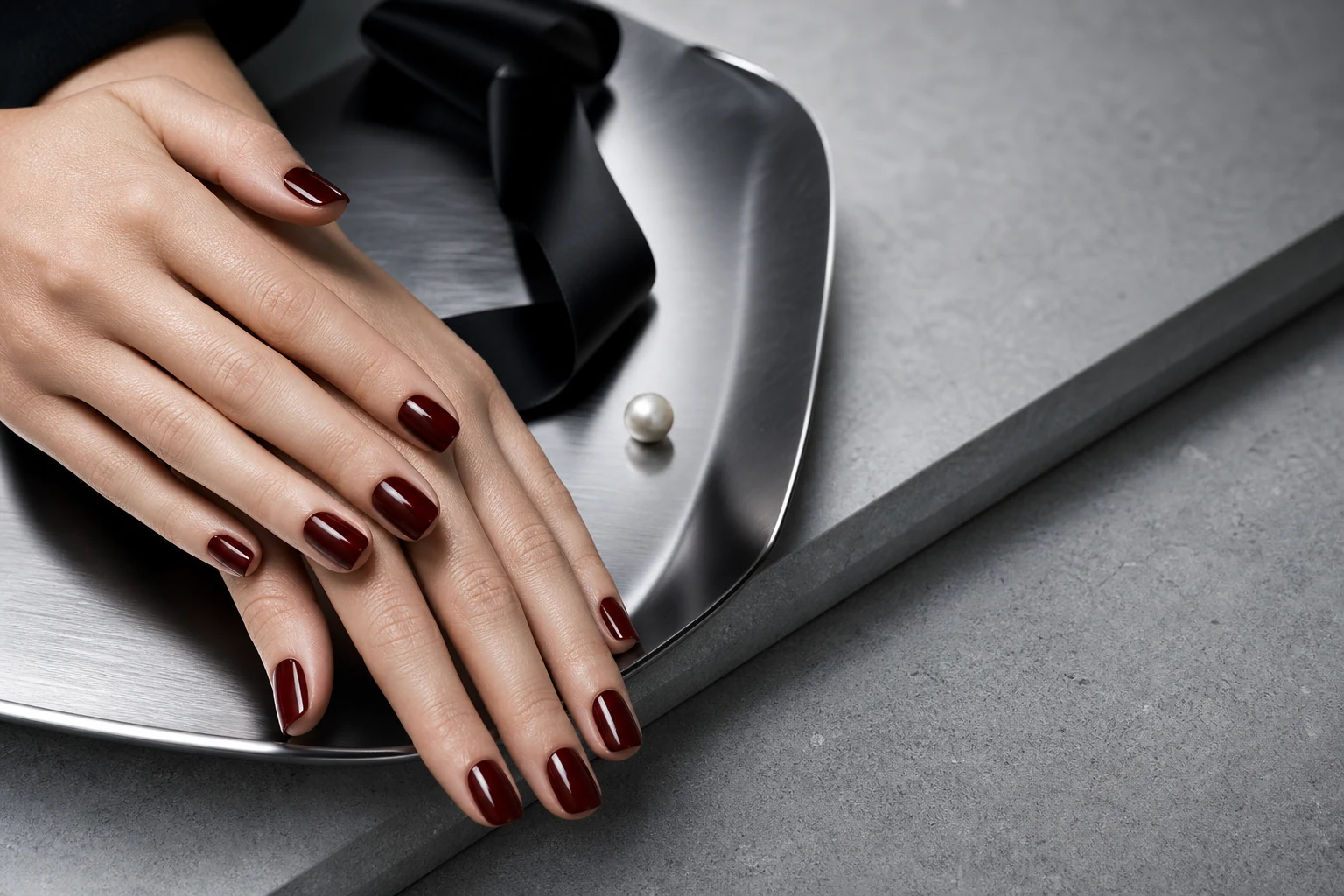 Deep oxblood manicure on a brushed silver tray