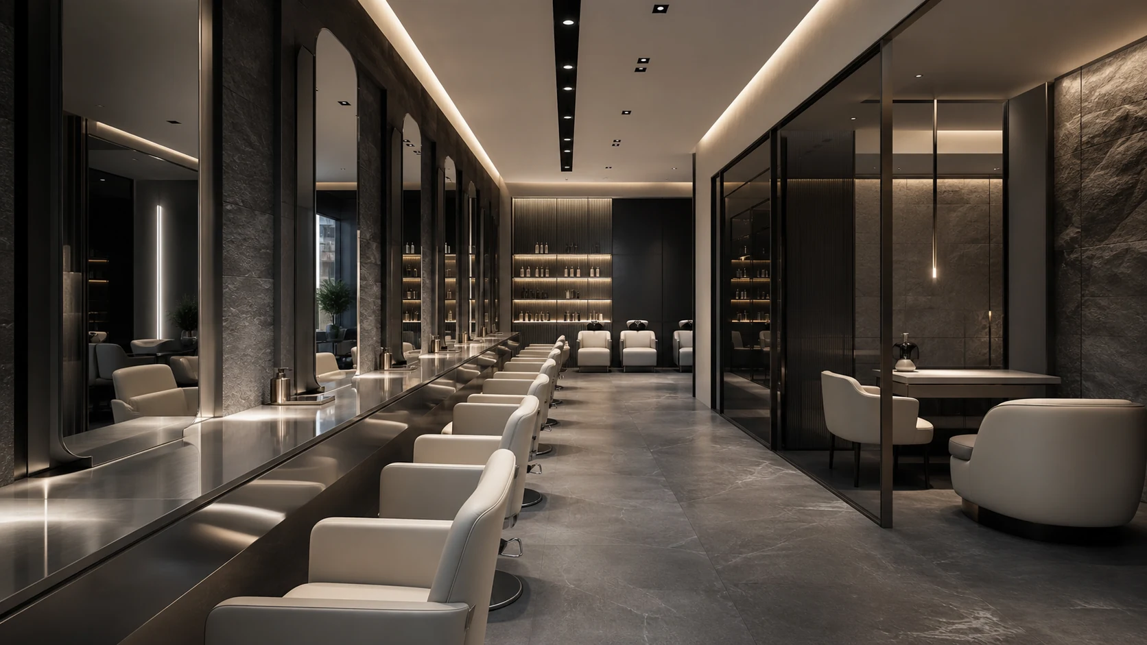 Contemporary charcoal and silver luxury salon interior